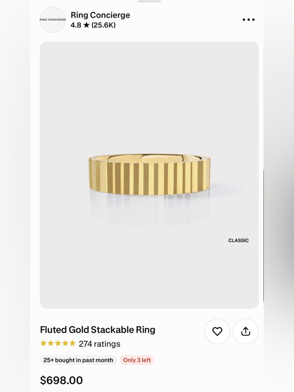 Ring Concierge Fluted Gold Stackable Ring classic 5mm size 8.5